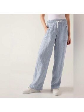 Athleta Cabo Linen Wide Leg Pant Women 0 Blue Excellent Drawstring Zipper Pocket